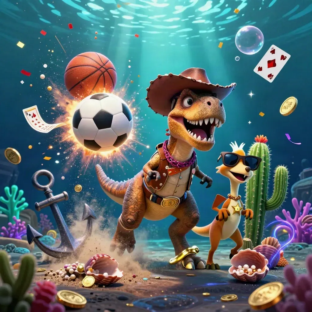 Cowboy T-Rex, cactus, and roadrunner amid coins, coral, balls, and glowing undersea effects.