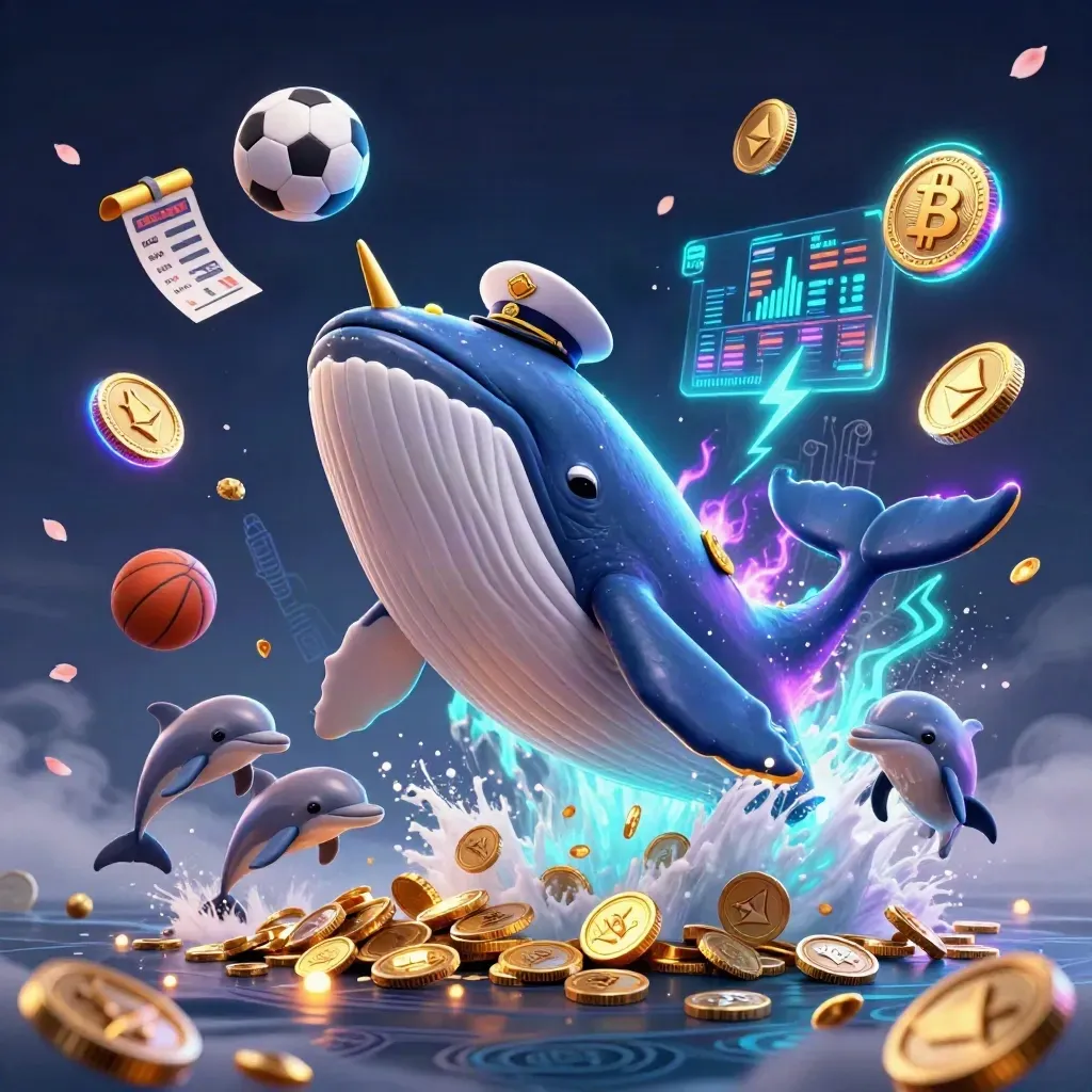 Whale captain, narwhal, dolphins, flying crypto coins, soccer ball, basketball, neon casino energy.