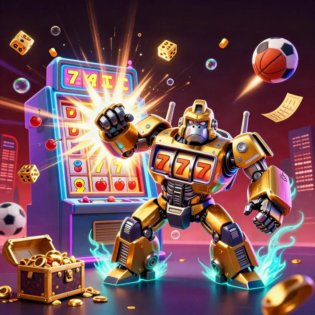 Golden gorilla slot-mech with monkey pilot amid flying balls, dice, gold and neon casino effects.