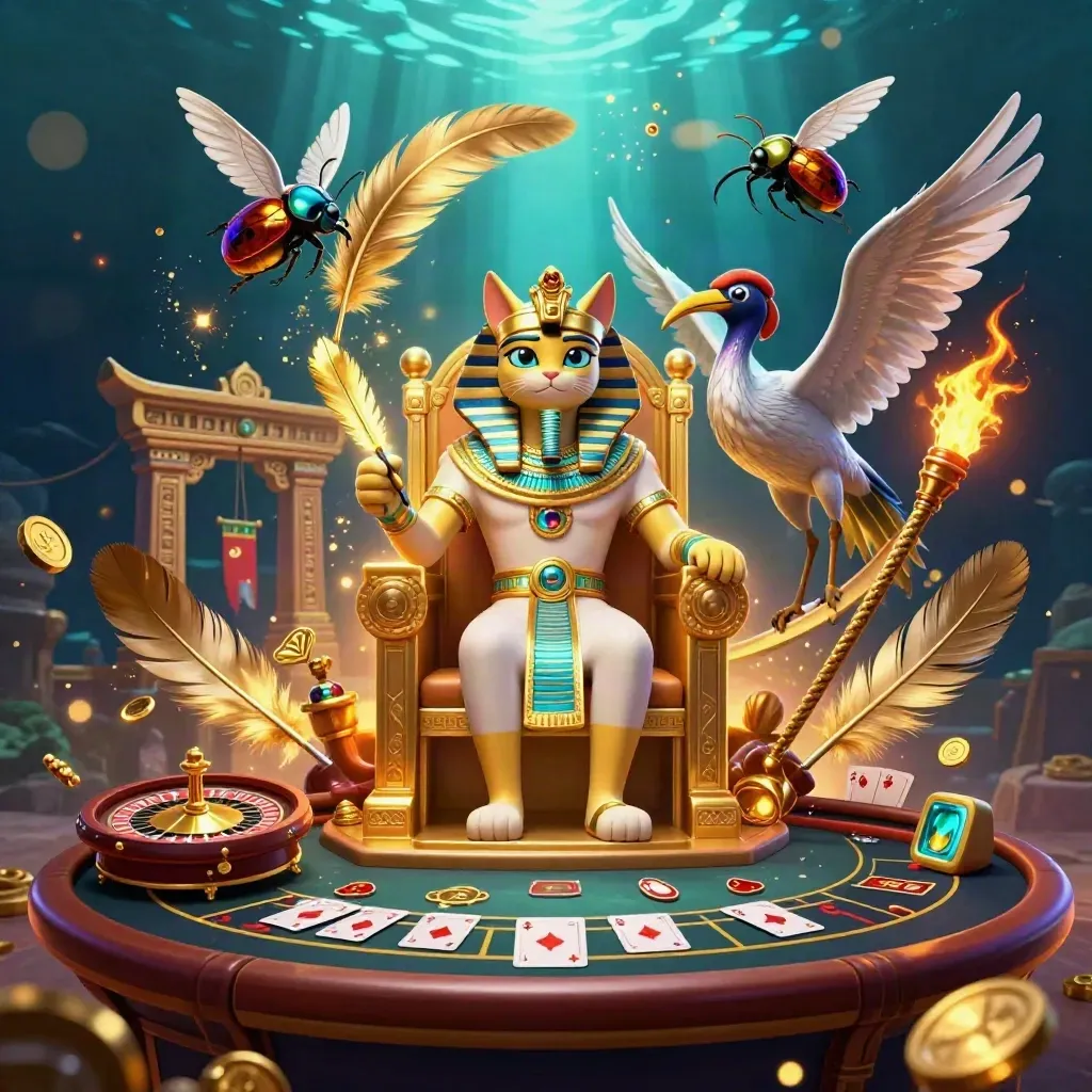 Pharaoh cat on a gold throne with ibis scribe, scarab wings, casino lights, and teal underwater glow