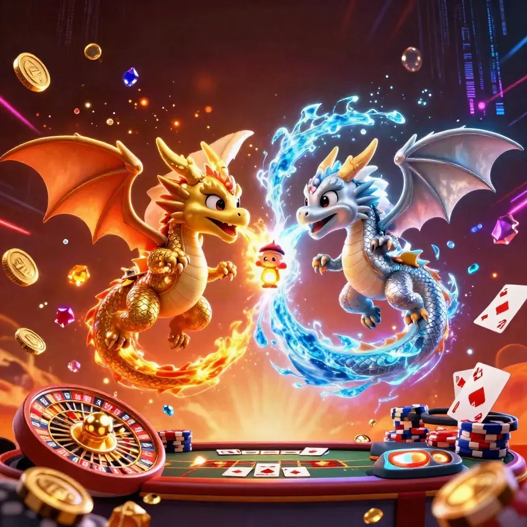 Twin gold and silver dragons orbit a lantern spirit amid casino lights, coins, gems, cards and a roulette wheel.