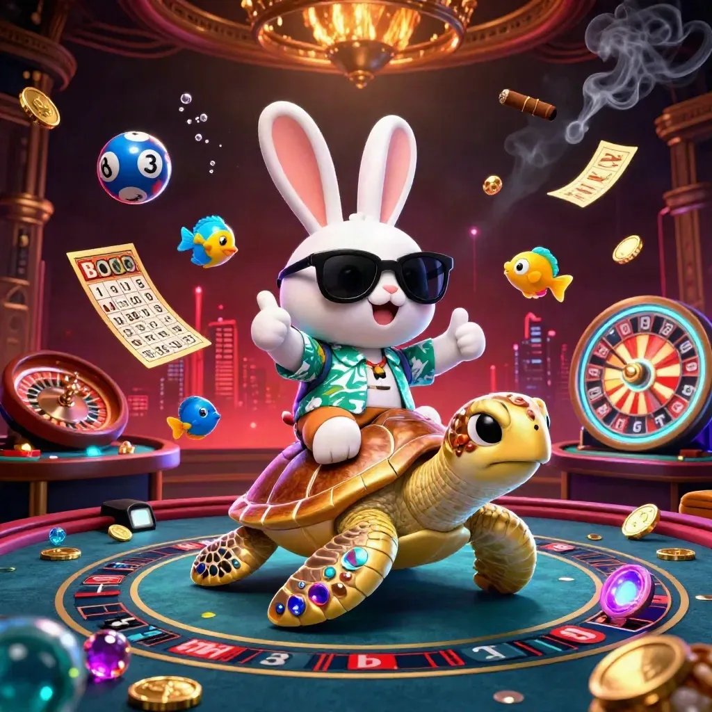 Lucky rabbit rides a golden turtle amid casino splendor, neon glow, bubbles, and flying game pieces.