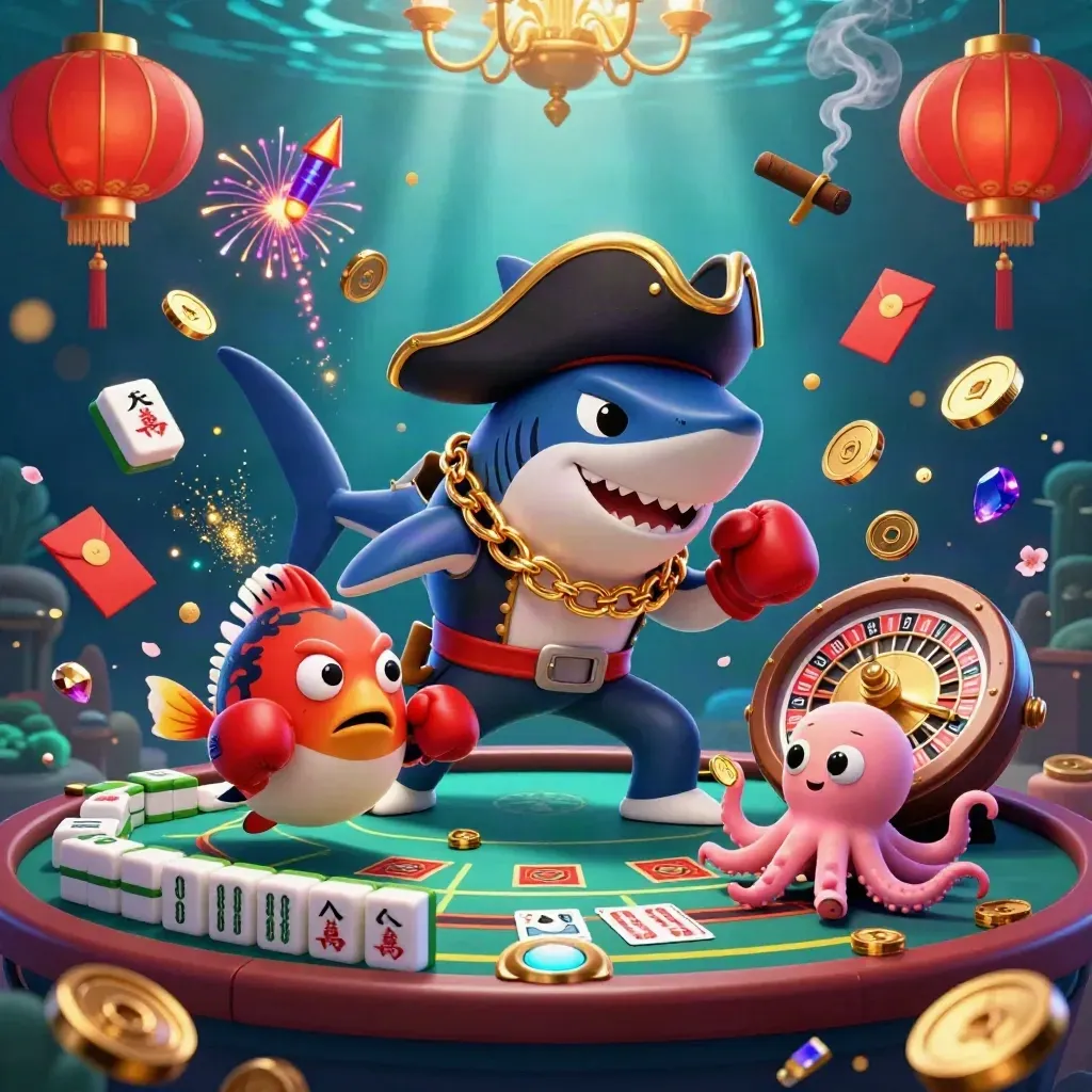 Pirate shark, boxing pufferfish, and juggling octopus in a glowing casino underwater scene.