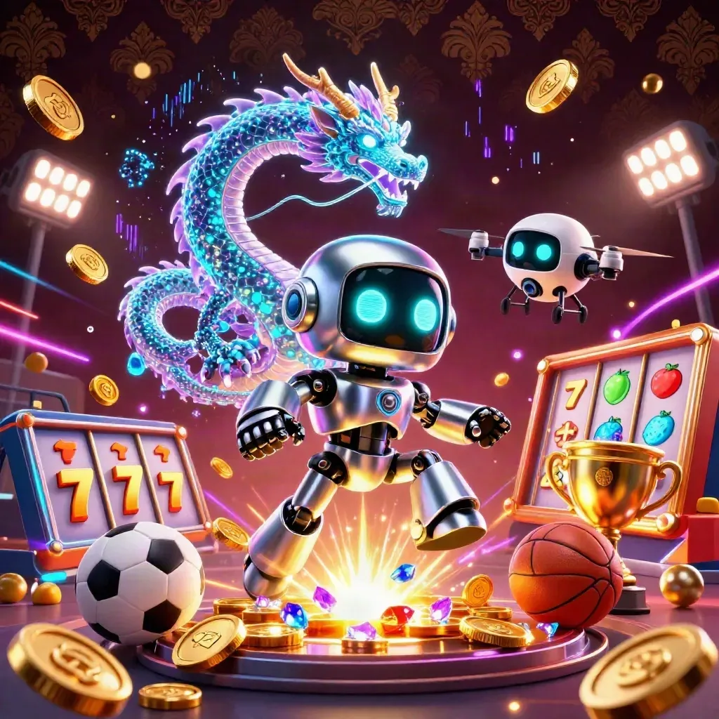 Cyberpunk robot, holographic dragon and drone amid balls, coins and neon casino effects.