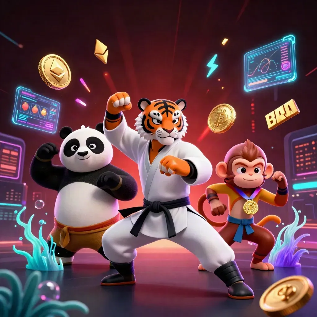 Kung-fu tiger, panda, and monkey with crypto coins, neon effects, and casino icons in a packed key art scene.