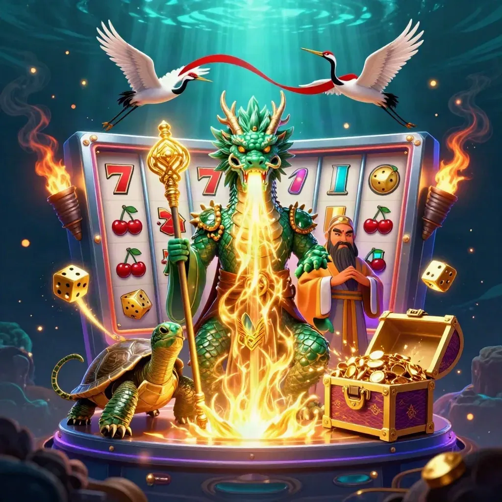 Emerald dragon, turtle sage, and cranes amid bursting slots, gold, and cyan light in a dark underwater scene