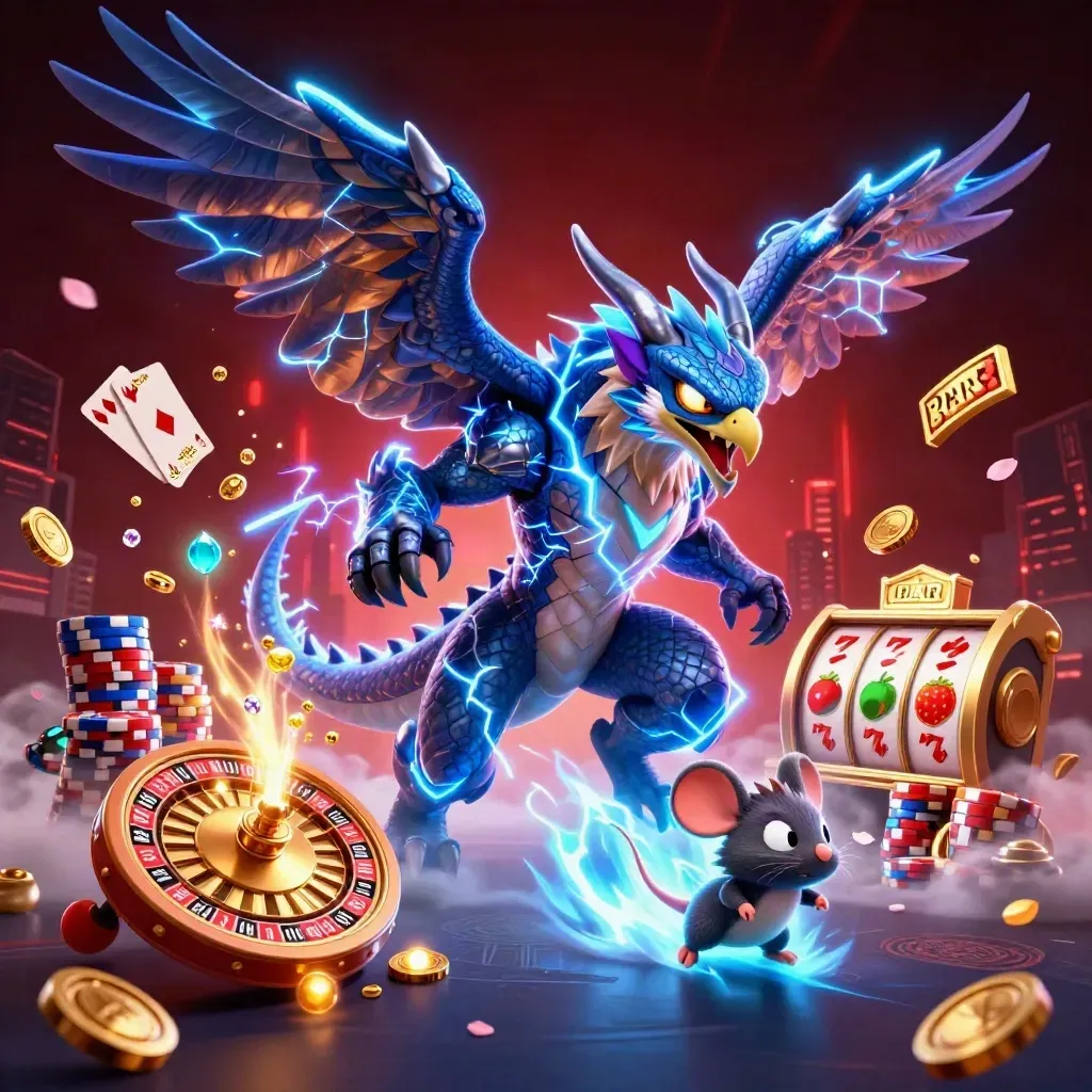 Thunder dragon, hawk, and crackling mouse amid coins, gems, chips, roulette wheel, and neon energy.