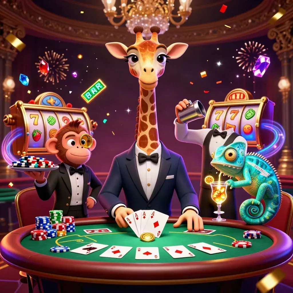 Giraffe, monkey, and chameleon at a luxe poker table amid chips, cards, and neon effects.