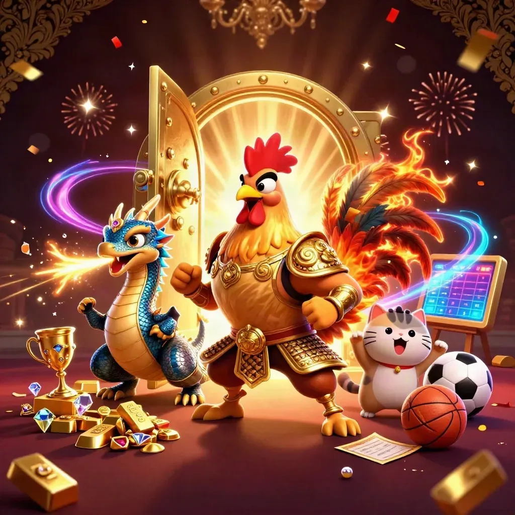 Rooster samurai, dragon hatchling and fortune cat erupt from a gold vault with coins, gems and fireworks.