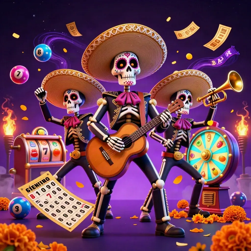Skeleton mariachi trio amid bingo balls, prize wheel, tickets, and neon magic on a dark starfield.