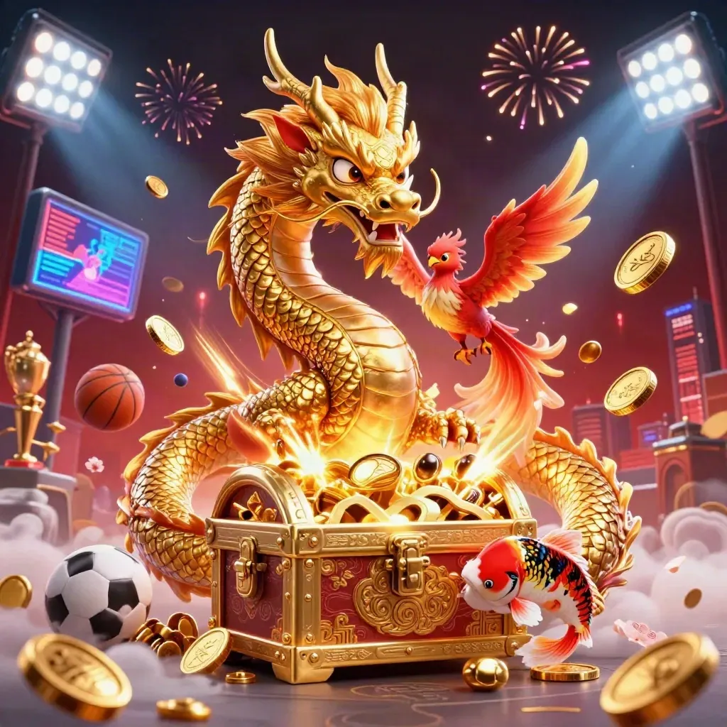 Golden dragon, phoenix, and koi burst from a treasure chest amid coins, balls, and fireworks.