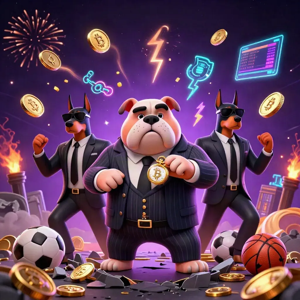 Bulldog boss and two Dobermans burst from a vault with coins, crypto, sports bets, and neon effects.
