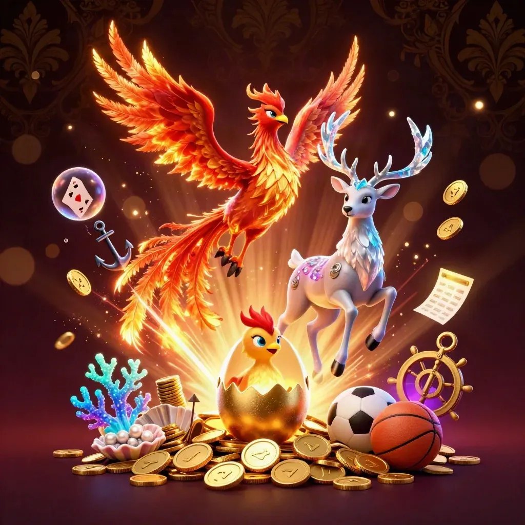 Phoenixes and a crystal stag burst from a treasure vault amid coins, coral, and casino props.