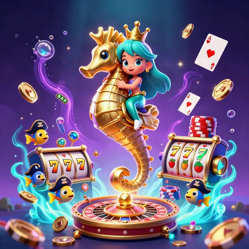 Mermaid princess on armored seahorse amid pirate fish, coins, cards, chips, cyan-violet casino glow