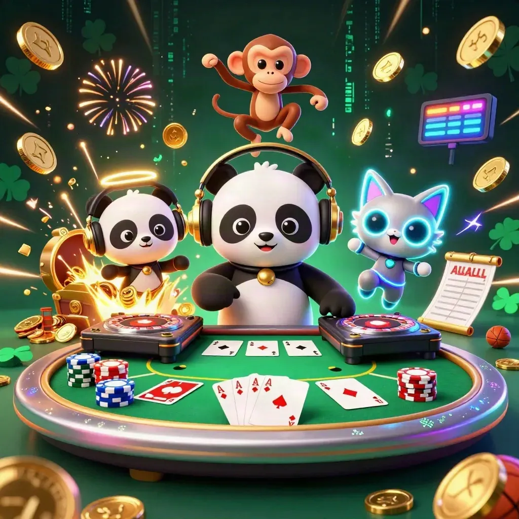 DJ panda, dancing monkey, and rave kitten amid exploding coins, poker chips, and neon casino energy.