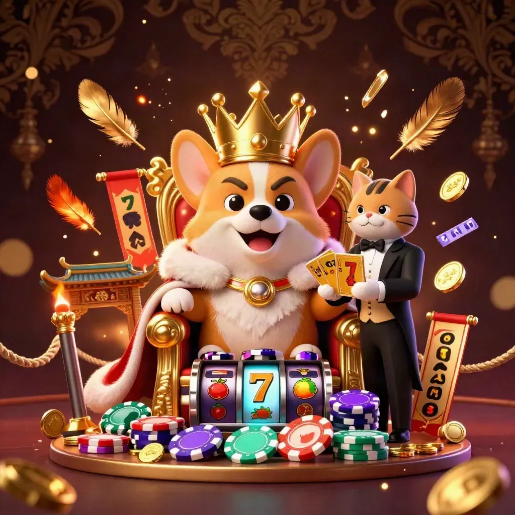 Royal corgi king on poker-chip throne with cat butler, casino props, glowing damask backdrop