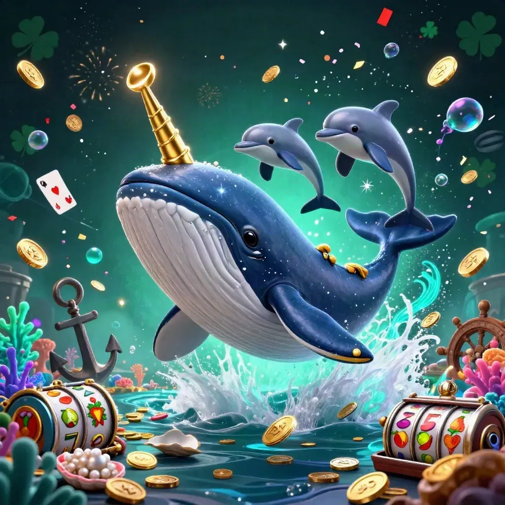 Whale captain, narwhal, and dolphins burst from coins amid neon casino treasure and glowing effects.