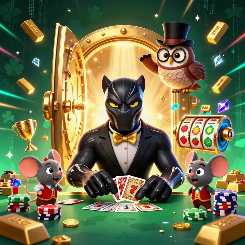 Black panther, owl, and mouse amid vault loot, neon effects, and casino reels