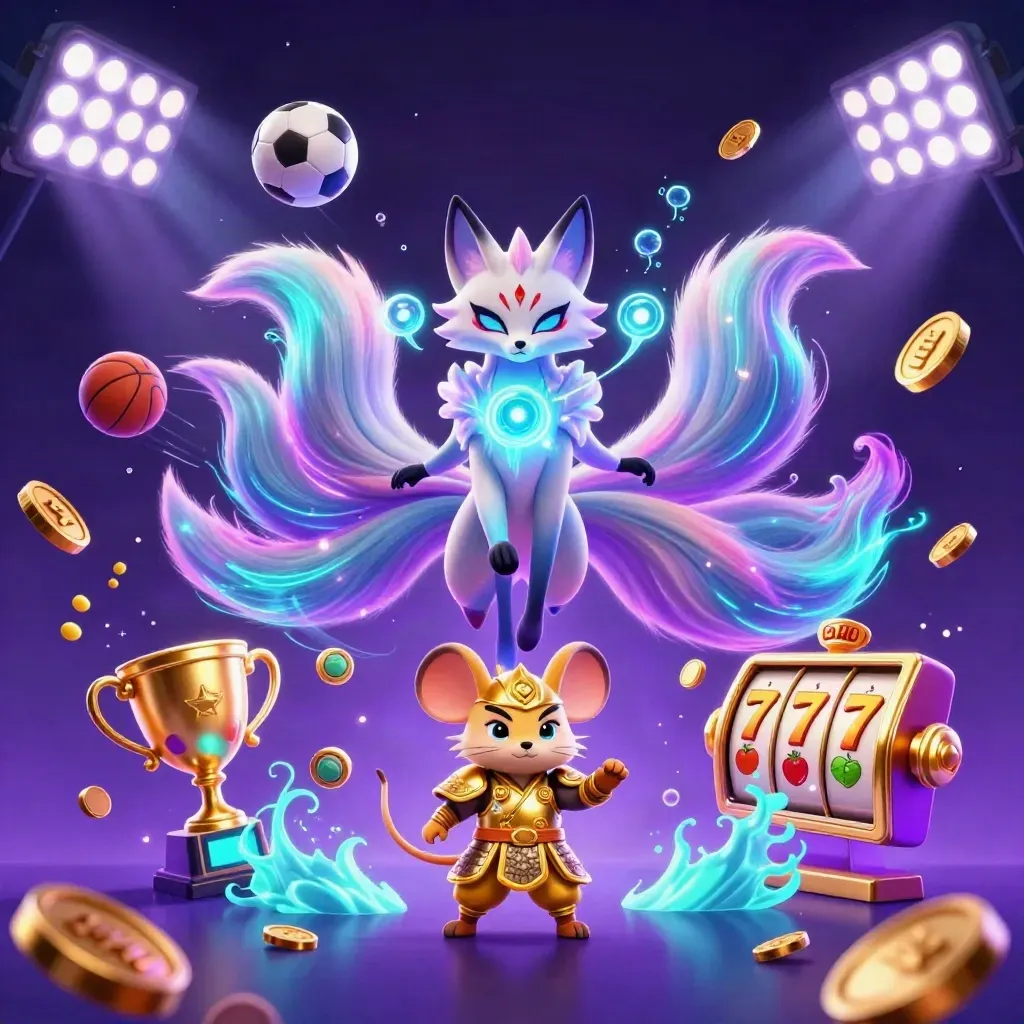 Neon fox spirit and armored mouse amid casino and sports energy on a dark purple space-like backdrop.