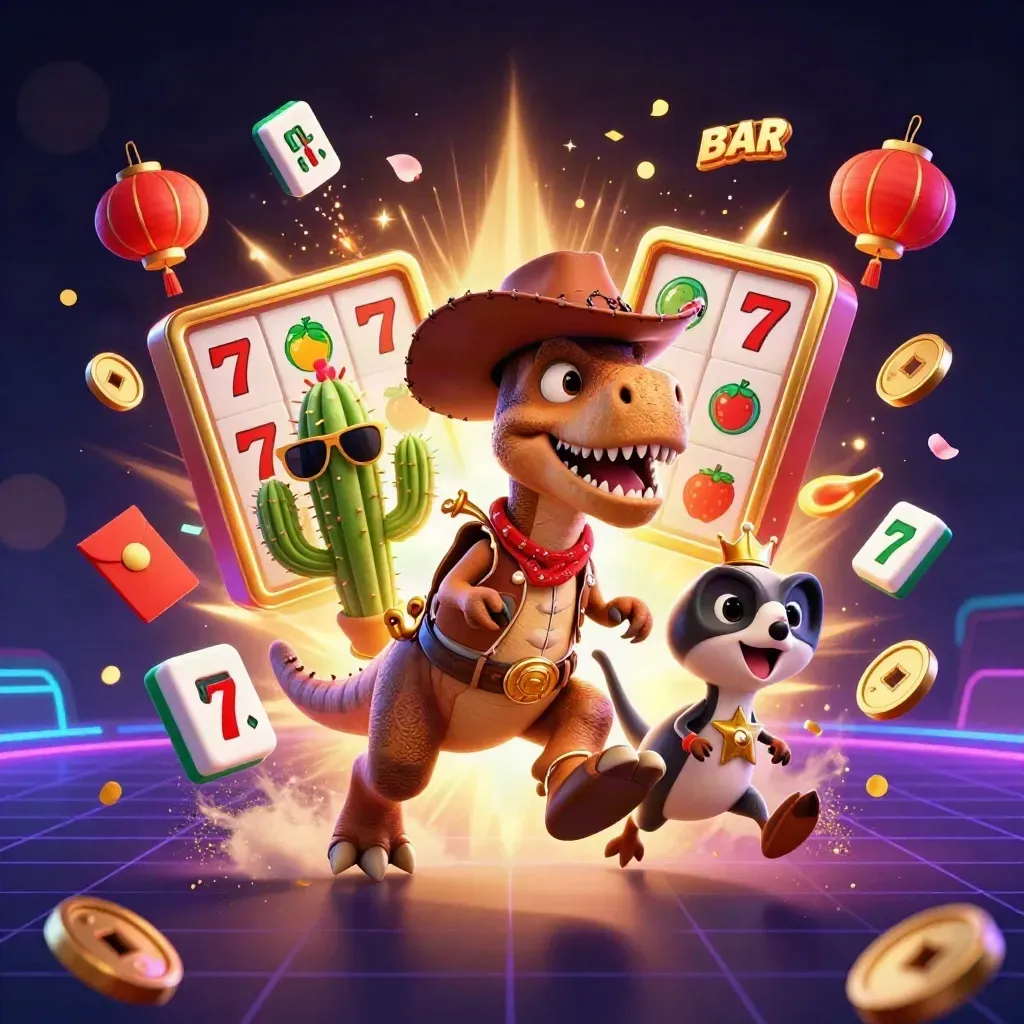 Cowboy T-Rex trio with cactus and roadrunner amid casino symbols on a neon dark backdrop