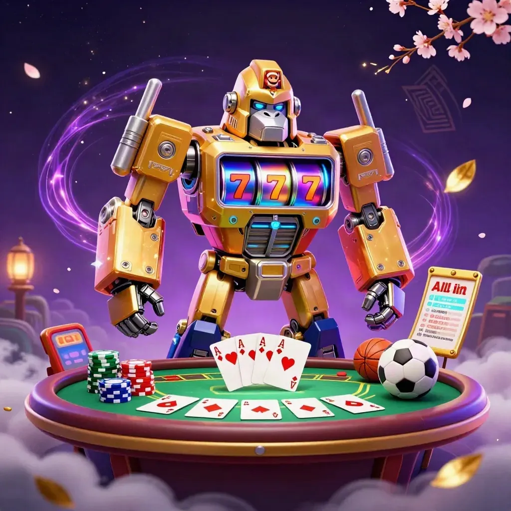 Golden gorilla slot-mech with monkey pilot amid poker chips, cards, and neon casino magic.