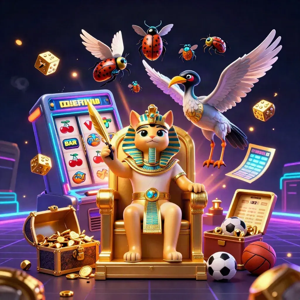 Pharaoh cat, ibis scribe and gem-wing scarabs amid a jackpot slot burst and neon casino effects.