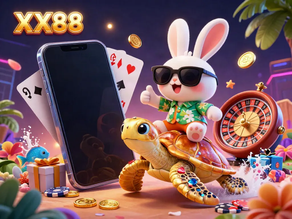 Experience the excitement of XX88 with a lucky rabbit and golden sea turtle alongside casino games.