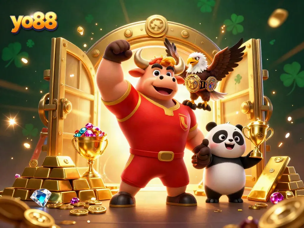 Experience the thrill of yo88 as vibrant characters flaunt victory amidst sparkling treasure in a captivating casino setting.