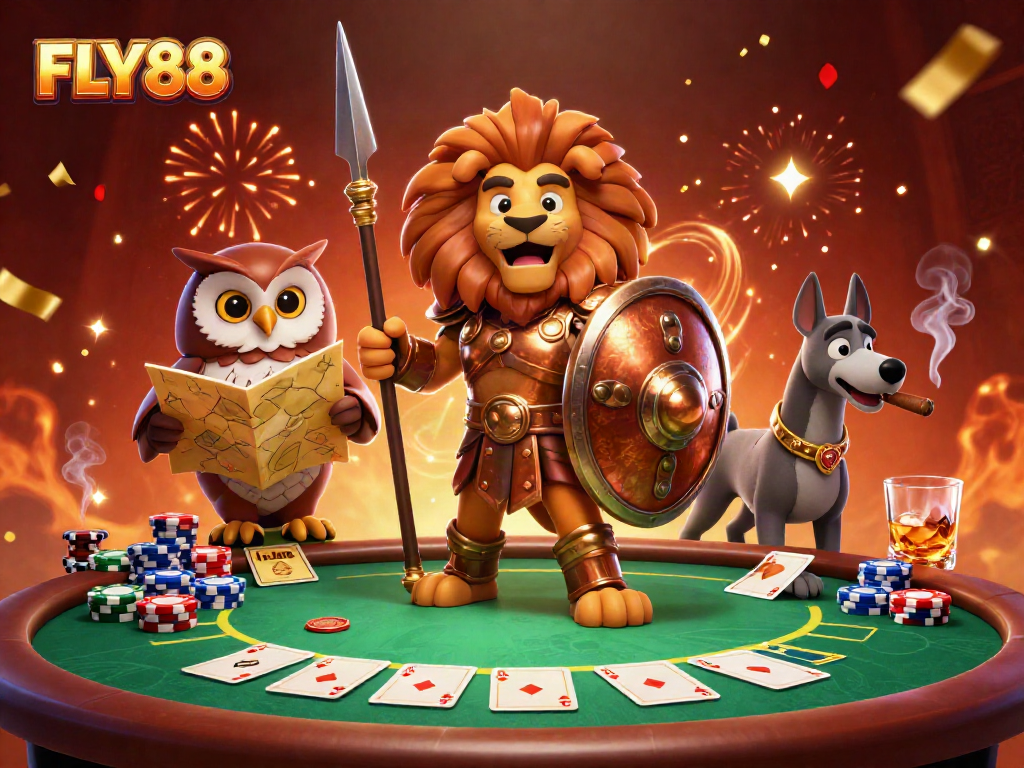 Participate in thrilling casino action with FLY88's dynamic poker scene featuring a Spartan lion, tactical owl, and swift greyhound.