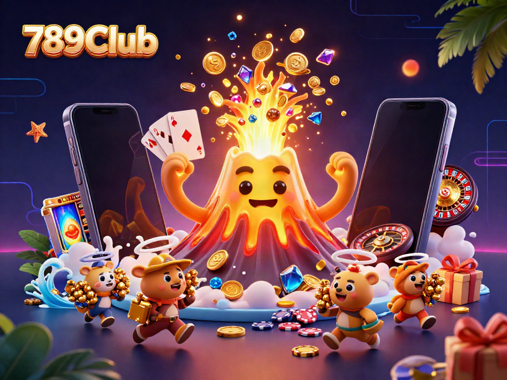 Engaging illustration of 789Club, featuring a golden volcano and treasure elements appealing to online gamblers.