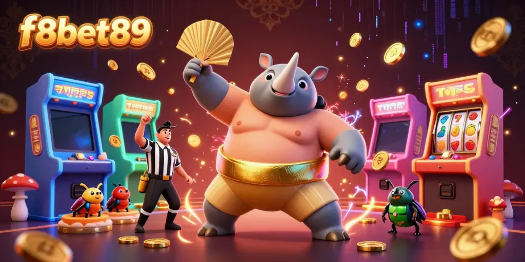 Experience thrilling moments at f8bet89 with a cartoon rhinoceros beetle sumo champion in action!