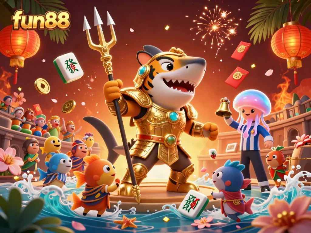 Experience the excitement of fun88 with a vibrant underwater casino scene featuring a tiger shark and lively game elements.