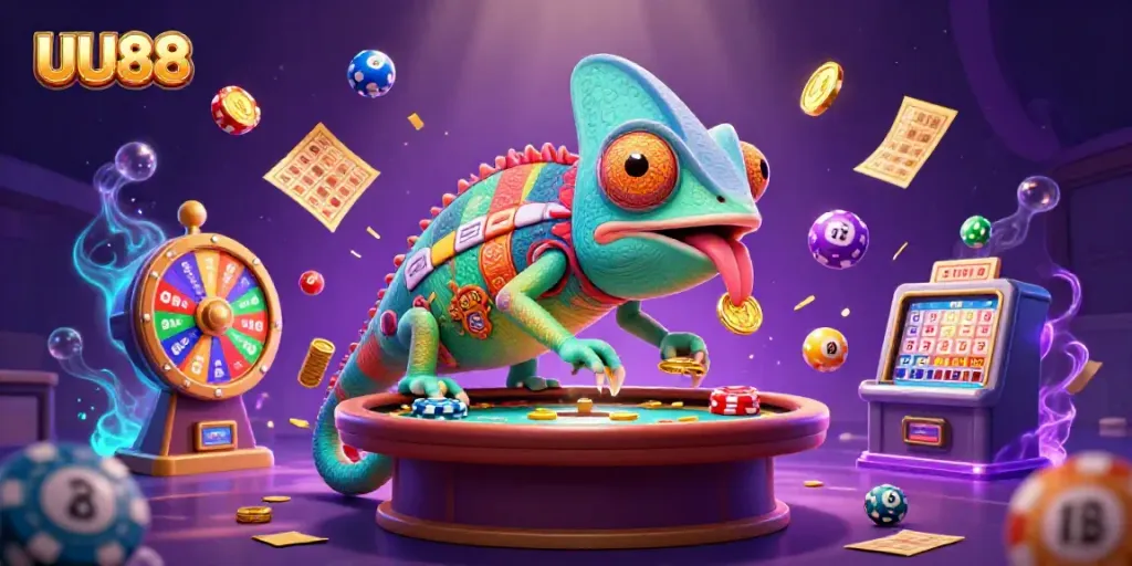 Engaging 3D illustration depicting UU88's chameleon casino owner capturing golden coins amidst vibrant gambling elements.