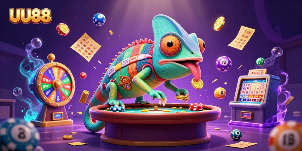 Engaging 3D illustration depicting UU88's chameleon casino owner capturing golden coins amidst vibrant gambling elements.