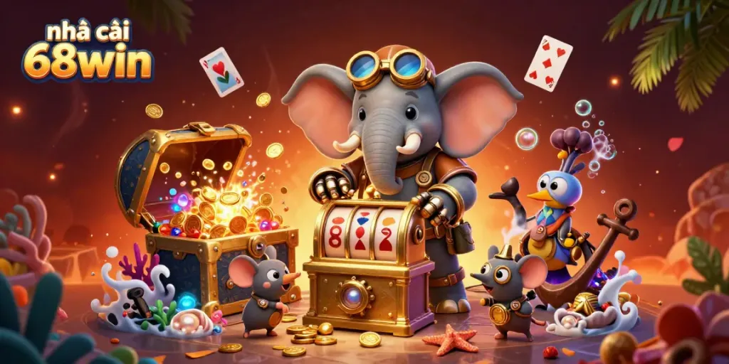 Experience the thrill of 68win with a steampunk elephant engineer operating a golden slot machine.