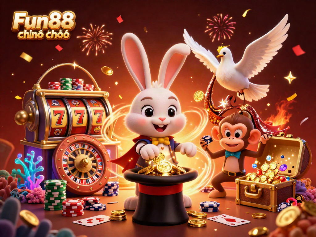 Engage in Fun88 chính thức with a 3D magician rabbit, dove, and monkey enjoying themed casino elements.