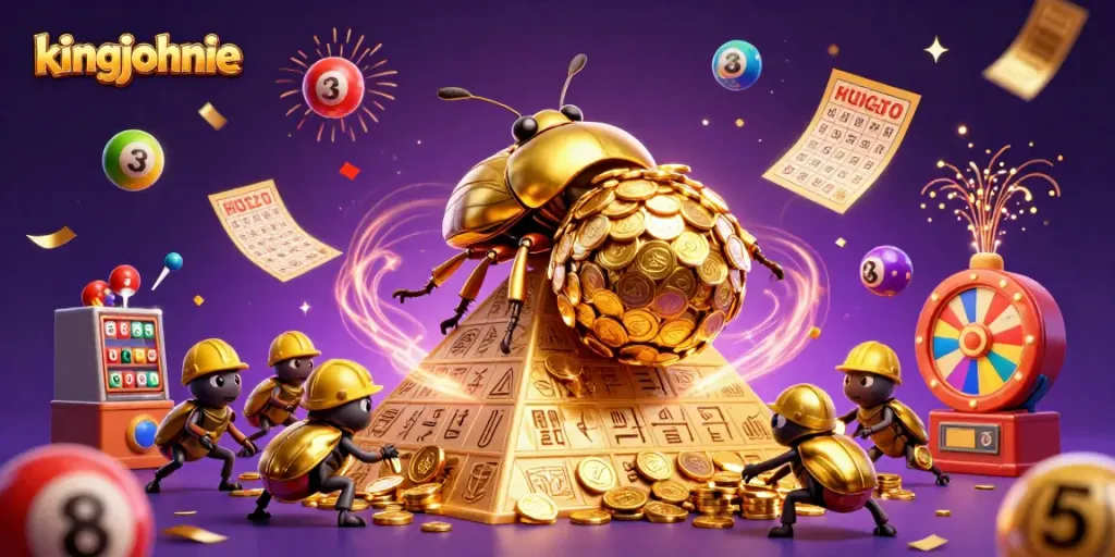 Kingjohnnie casino art featuring vibrant scenes of excitement and golden symbols.