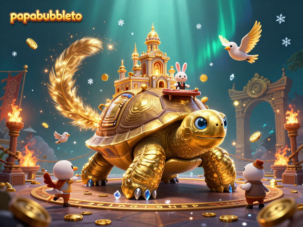 Win big with papabubbleto's dynamic casino scene featuring a golden tortoise and rabbit dealer.