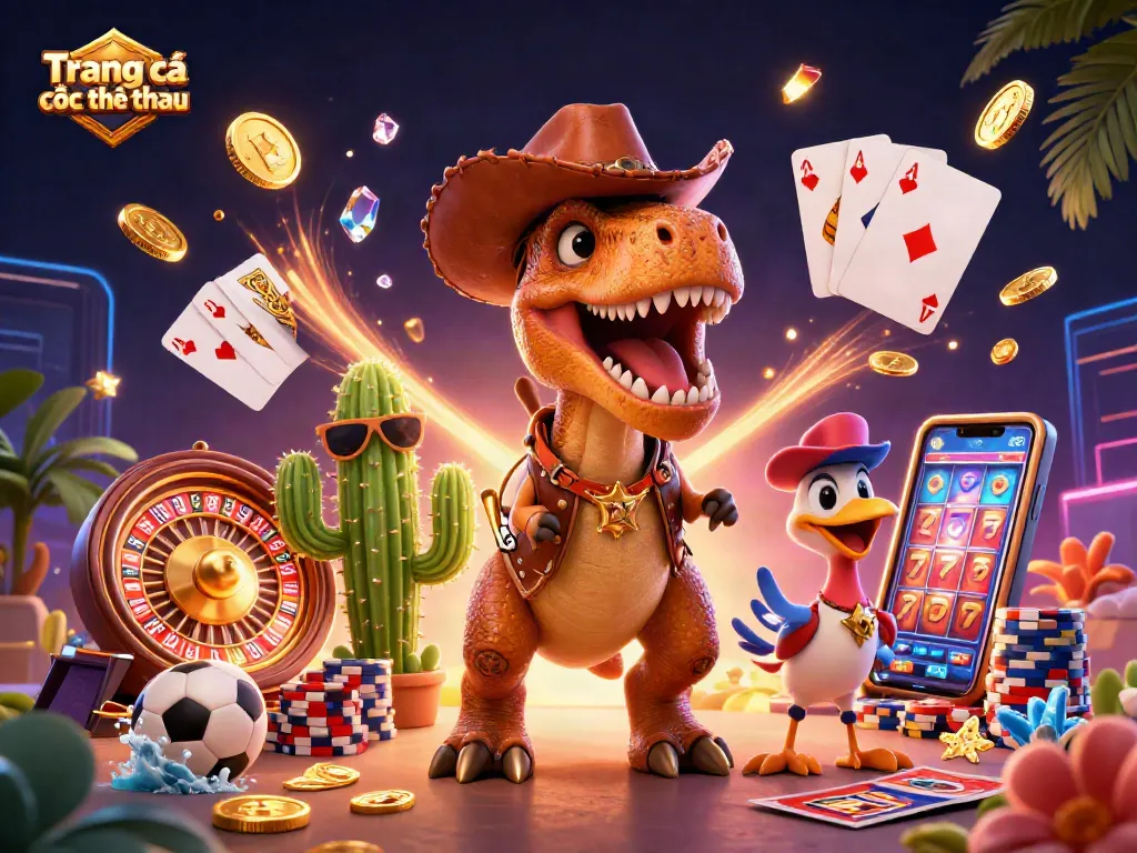 Engage with Trang cá cược thể thao featuring a lively T-Rex, cactus sidekick, and roadrunner in a sports betting scene.