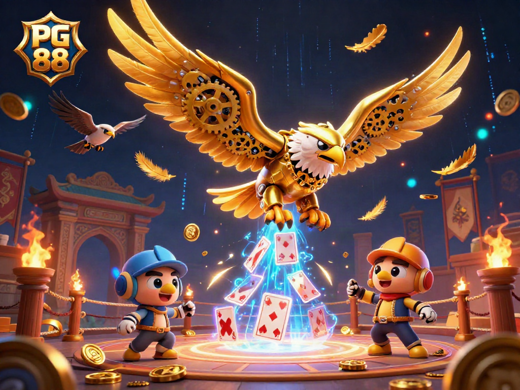 Engage with PG 88 at the futuristic casino featuring a cybernetic eagle amidst dynamic gaming elements.