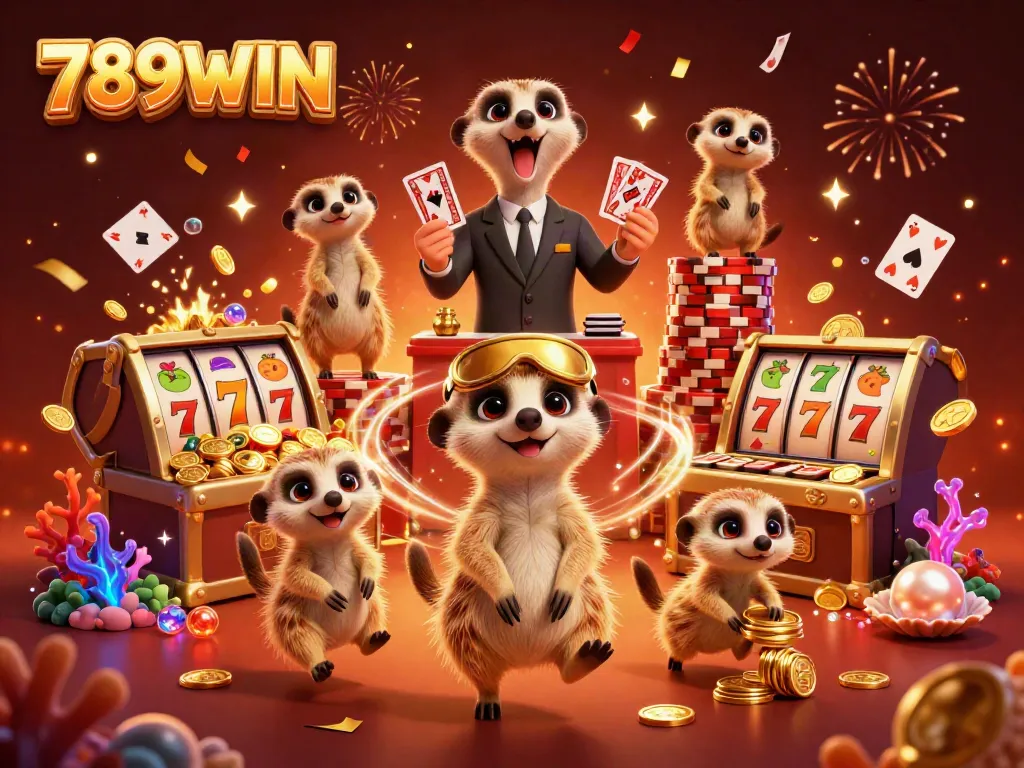 789WIN showcases talented meerkats managing a lively casino scene with colorful gaming elements.