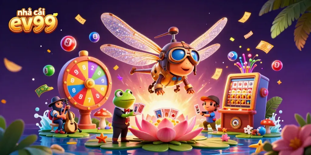 Engage with the thrilling action at nhà cái ev99, featuring a vibrant casino scene with a helicopter pilot and croupier.