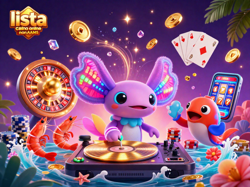 Scopri la lista casino online non AAMS con un DJ axolotl e festosi gamberi in un'illustrazione vibrante.