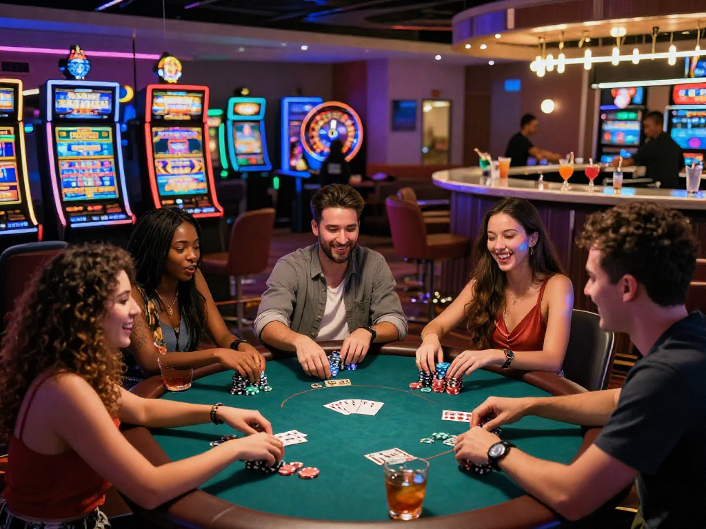 Scene di divertimento nei migliori casino online non AAMS, con amici che giocano a poker in un ambiente vivace e illuminato.