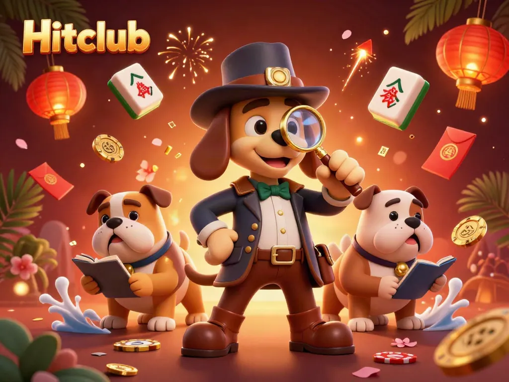 Hitclub scene of a bloodhound detective with a magnifying glass examining poker clues, surrounded by vibrant casino elements.