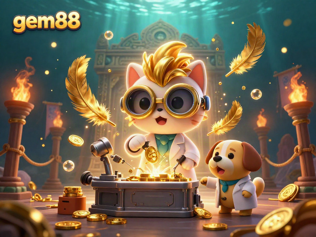 Experience the thrill of gem88 in this vibrant 3D casino scene with cat and dog characters.