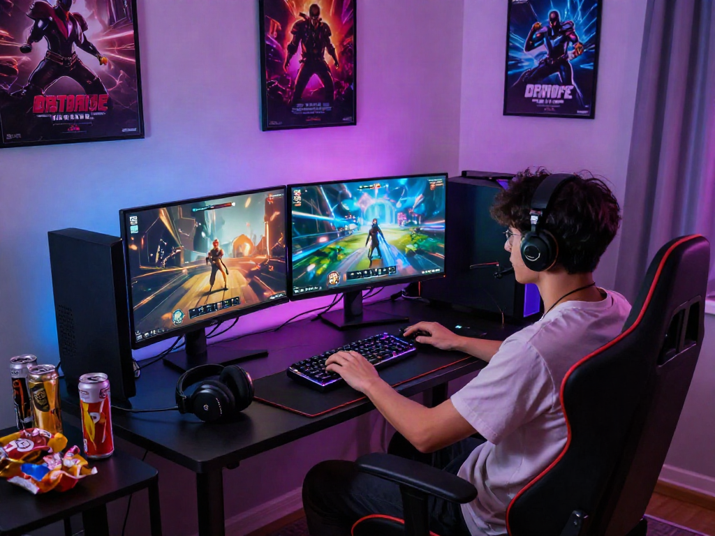 Gamer immersed in a porn game on a high-end gaming setup