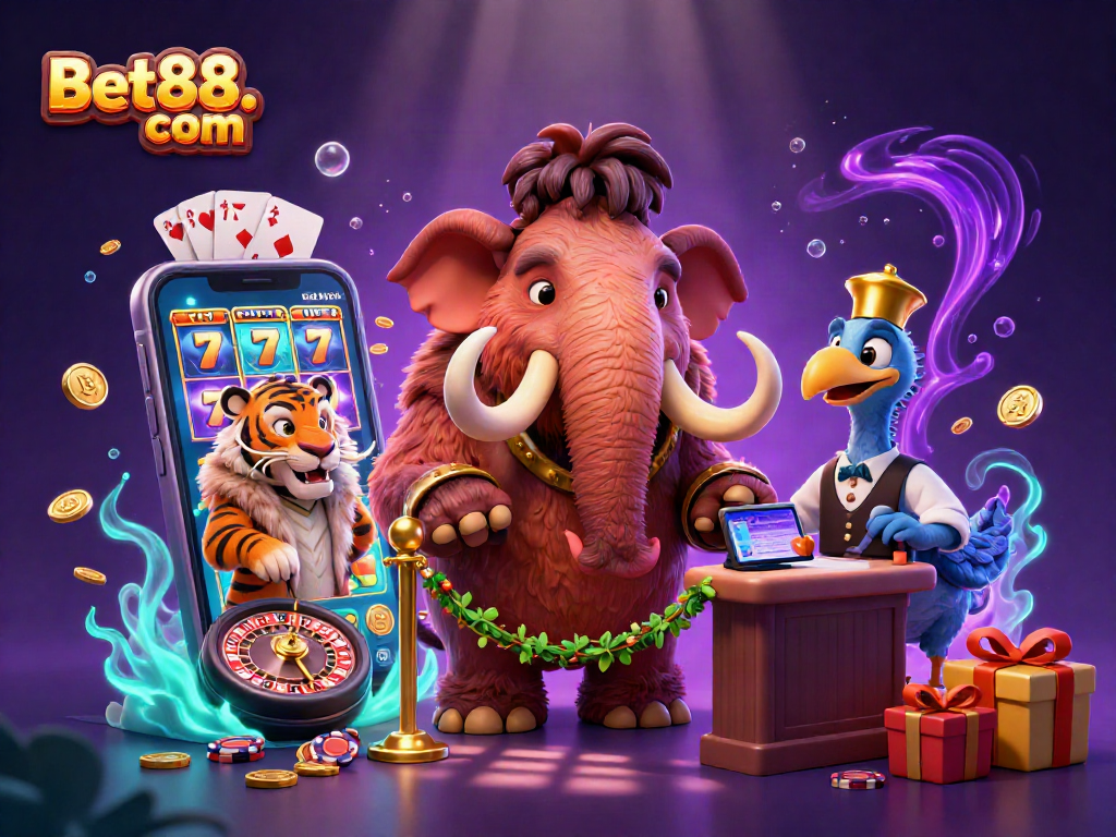 Bet88. com showcases an engaging scene with 3D cartoon characters in a vibrant casino setting