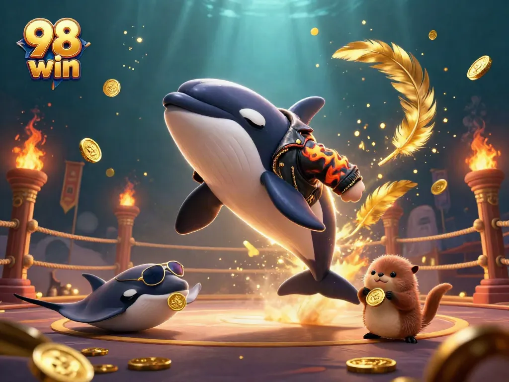 98 win enhances excitement with an illustration of sea creatures celebrating at a dynamic casino scene.