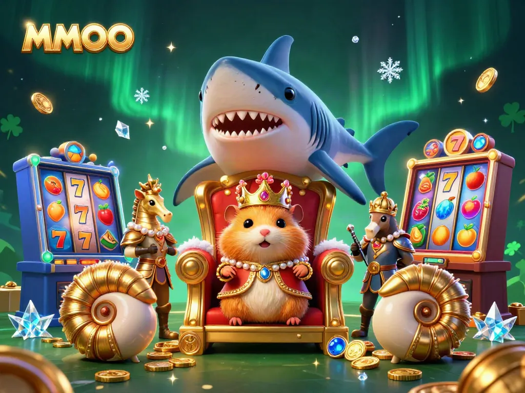 Experience the thrill of MMOO with golden hamster king in a vibrant casino scene.